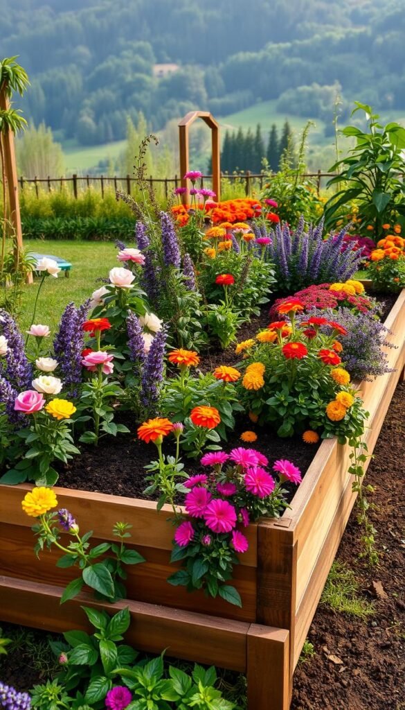 A lush and neatly organized raised garden bed, designed with a harmonious layout of vibrant flowers and foliage. The bed is raised off the ground, with a sturdy wooden frame and filled with rich, dark soil. In the foreground, a variety of colorful blooms such as roses, lavender, and marigolds create a captivating display. The middle ground features a thoughtful arrangement of perennials and trailing vines, cascading over the edges. The background showcases a tranquil natural setting, with a soft, diffused lighting that casts a warm, inviting glow over the entire scene. The overall composition conveys a sense of balance, beauty, and a cozy retreat for the senses.