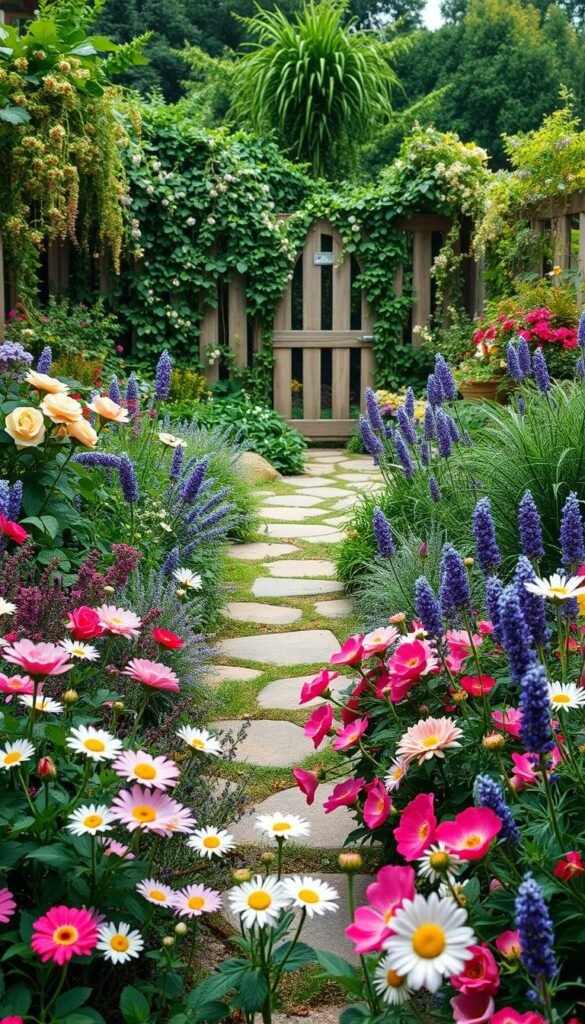 A lush and vibrant cottage garden, bursting with an enchanting array of perennials, annuals, and other whimsical plants. In the foreground, a colorful tapestry of blooming flowers, including delicate English roses, cheerful daisies, and fragrant lavender. The middle ground features a meandering stone path, flanked by cascading vines and trailing foliage. In the background, a charming wooden fence is adorned with climbing clematis, creating a natural, romantic backdrop. Soft, diffused sunlight filters through the verdant foliage, casting a warm, inviting glow over the entire scene. Captured with a wide-angle lens to showcase the depth and abundance of this idyllic cottage garden oasis.