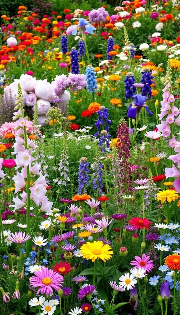 A lush and vibrant cottage garden, filled with a harmonious mix of perennial and annual flowers. In the foreground, delicate blooms of foxgloves, columbines, and bachelor's buttons intermingle, their colors dancing in the soft, natural light. In the middle ground, robust clumps of peonies and irises stand tall, their voluptuous petals complementing the more delicate flowers. The background showcases a tapestry of mounding cosmos, zinnias, and marigolds, creating a captivating depth and rhythm to the scene. The overall composition conveys a sense of abundance, joy, and effortless beauty, perfectly embodying the essence of a flourishing cottage garden.
