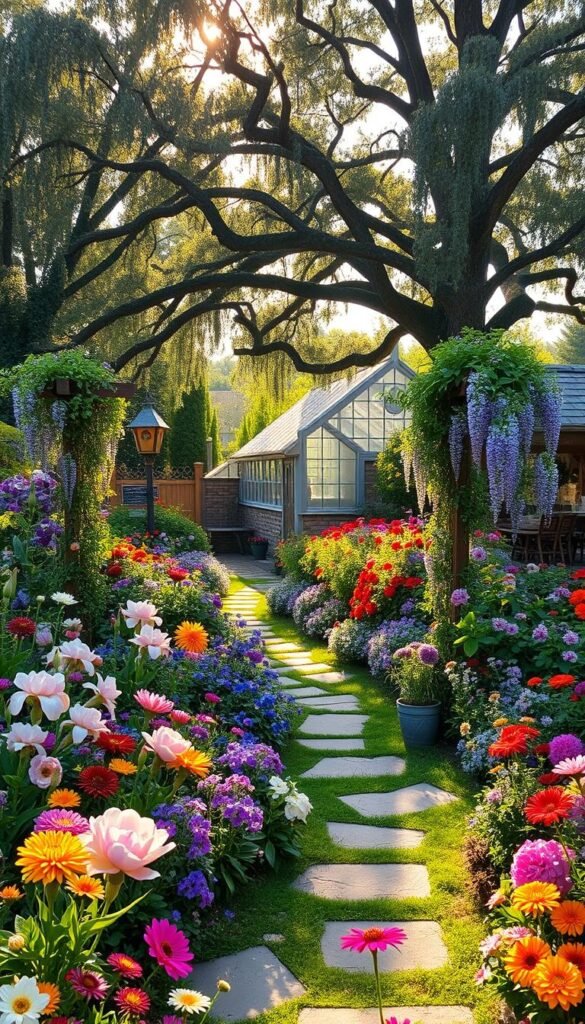 A lush, bountiful cottage garden layout, brimming with vibrant blooms throughout the seasons. In the foreground, a winding stone path meanders through a riot of colorful perennials - delicate peonies, lush irises, and trailing vines of fragrant wisteria. The mid-ground features a charming wooden arbor draped in climbing roses, leading the eye towards a quaint greenhouse in the distance. Dappled sunlight filters through the canopy of a mature oak tree, casting a warm, golden glow over the scene. Bursts of color from dahlias, zinnias, and cosmos dot the landscape, creating a captivating visual tapestry. Subtle architectural elements, such as a rustic fence and a whimsical birdhouse, add to the timeless, enchanting atmosphere of this quintessential cottage garden oasis.