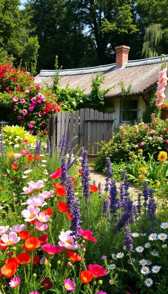 A lush, colorful cottage garden border spilling over a gently sloping hillside. In the foreground, a vibrant mix of perennials and annuals - delicate poppies, frilly pink peonies, aromatic lavender, and cheerful daisies. In the middle ground, a wooden garden gate leads the eye into the scene, flanked by climbing roses and trailing vines. The background features a charming thatched-roof cottage, partially obscured by a tangle of flowering shrubs and towering hollyhocks. Dappled sunlight filters through the foliage, casting a warm, inviting glow over the entire composition. Captured with a wide-angle lens to showcase the depth and richness of this quintessential cottage garden oasis.