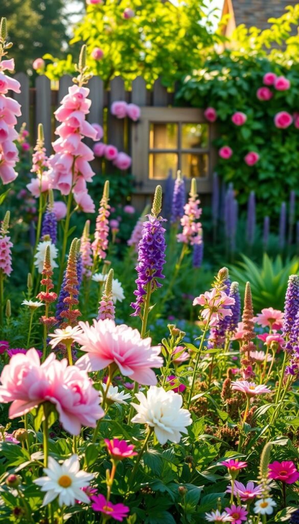 A lush, colorful cottage garden filled with vibrant perennials. In the foreground, a mix of blooming flowers including peonies, delphiniums, and foxgloves in shades of pink, purple, and white, their delicate petals swaying gently in the soft, natural light. In the middle ground, a verdant tapestry of foliage - ferns, hostas, and lavender - creating a harmonious backdrop. The background features a charming wooden fence, adorned with climbing roses, and a glimpse of a quaint cottage peeking through. The scene is bathed in warm, golden sunlight, casting a dreamlike, timeless atmosphere. Shallow depth of field, emphasizing the abundant, flourishing beauty of this classic cottage garden.