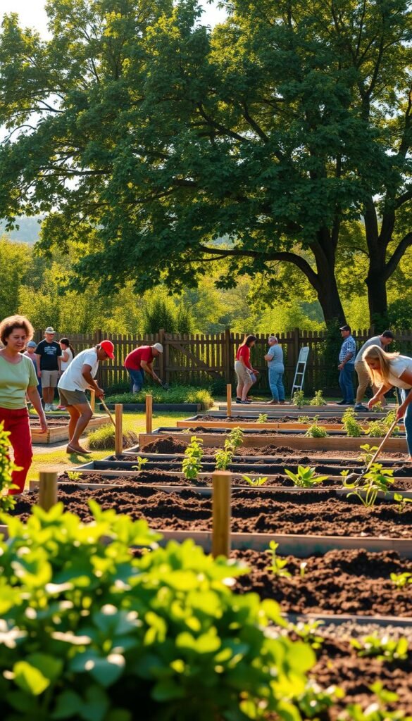 A lush community garden in the early morning light, with gardeners tending to the soil. In the foreground, a diverse group of residents work together, raking and turning the earth, their faces aglow with anticipation. In the middle ground, neatly organized garden beds await their first plantings, framed by a picturesque wooden fence. In the background, a verdant canopy of trees casts a warm, dappled glow over the scene. The overall atmosphere is one of shared purpose, community, and the promise of a bountiful harvest to come.