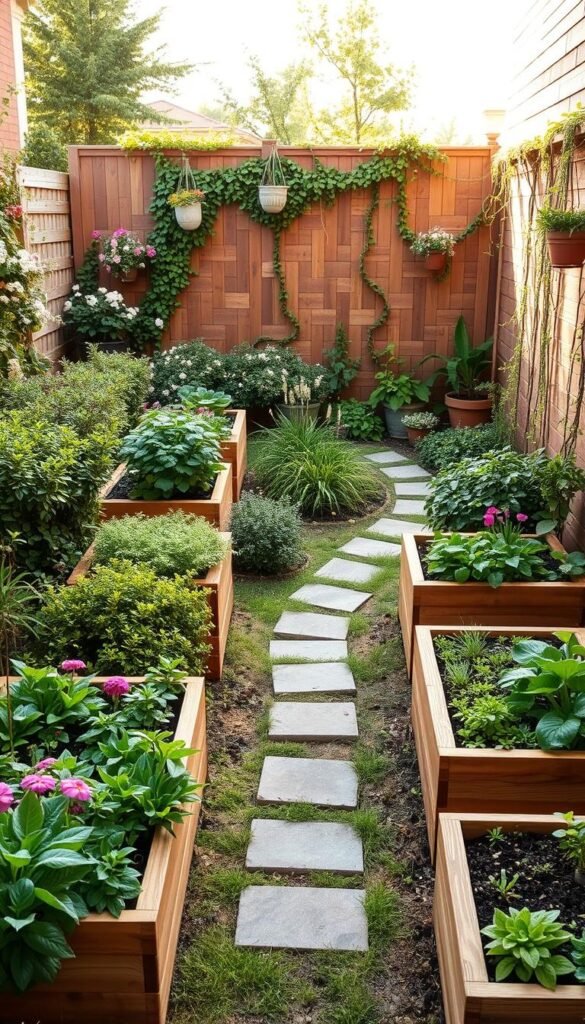 A lush, compact backyard garden layout with raised planter beds arranged in a harmonious, space-efficient design. The foreground features a series of neatly organized, wooden raised beds filled with vibrant greenery and colorful flowers. The middle ground showcases a meandering stone path leading through the garden, bordered by dense, flowering shrubbery. In the background, a slatted wooden fence creates a sense of enclosure, with trailing vines and potted plants adding a touch of natural beauty. The scene is illuminated by warm, natural light, casting gentle shadows and creating a serene, inviting atmosphere. The overall layout maximizes the use of the limited space, blending functionality and aesthetic appeal. A lush, compact backyard garden layout with raised planter beds arranged in a harmonious, space-efficient design. The foreground features a series of neatly organized, wooden raised beds filled with vibrant greenery and colorful flowers. The middle ground showcases a meandering stone path leading through the garden, bordered by dense, flowering shrubbery. In the background, a slatted wooden fence creates a sense of enclosure, with trailing vines and potted plants adding a touch of natural beauty. The scene is illuminated by warm, natural light, casting gentle shadows and creating a serene, inviting atmosphere. The overall layout maximizes the use of the limited space, blending functionality and aesthetic appeal.
