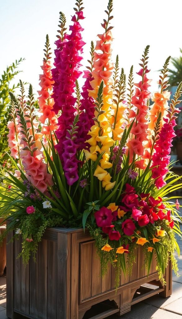 A lush container garden overflowing with vibrant gladiolus blooms, bathed in warm afternoon sunlight. The towering spikes of flowers in shades of pink, purple, and yellow command attention, creating a stunning vertical accent amid cascading foliage. The container is a rustic wooden planter, weathered and charming, perfectly complementing the natural, organic feel. The scene is captured from a low angle, emphasizing the drama and height of the gladiolus. Soft, diffused lighting casts gentle shadows, adding depth and dimension. An inviting, serene atmosphere, capturing the essence of a captivating container garden showstopper.