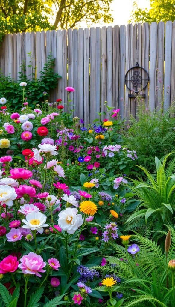 A lush cottage garden bursting with an abundance of textures and layers. In the foreground, a profusion of colorful blooms - peonies, delphiniums, and sweet peas - dance in the gentle breeze. The middle ground features a mosaic of foliage, from the broad leaves of hostas to the feathery fronds of ferns, all illuminated by soft, golden light filtering through the canopy above. In the background, a weathered wooden fence serves as a natural frame, its weathered planks complementing the earthy tones of the garden. The overall scene exudes a sense of tranquility and effortless beauty, embodying the essence of the cottage garden aesthetic.