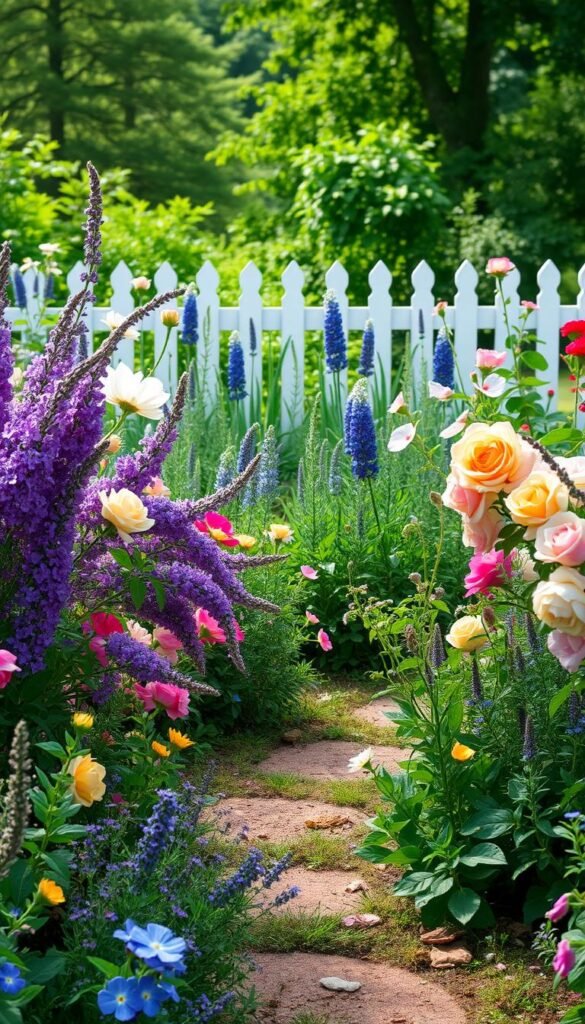 A lush cottage garden bursting with vibrant blooms and aromatic herbs. In the foreground, clusters of colorful flowers such as delphinium, lavender, and English roses cascade over a well-tended path. The middle ground features a mix of fragrant herbs like rosemary, thyme, and basil, interspersed with dainty wildflowers. In the background, a picket fence frames the scene, softened by the gentle dappled sunlight filtering through the surrounding trees. The overall atmosphere is one of natural abundance, serenity, and effortless beauty, capturing the essence of a charming cottage garden.