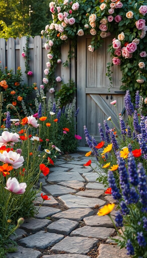 A lush cottage garden bursting with vibrant blooms and enchanting textures. In the foreground, an array of colorful wildflowers - delicate peonies, whimsical poppies, and fragrant lavender - sway gently in the soft morning light. The middle ground features a mosaic of intricate patterned stones, their surfaces weathered and worn, leading the eye deeper into the scene. In the background, a charming wooden fence is draped with cascading vines and clusters of fragrant roses, creating a sense of intimacy and seclusion. The overall atmosphere is one of rustic elegance, inviting the viewer to step into this enchanting outdoor oasis. Captured with a wide-angle lens to emphasize the depth and lush abundance of this quintessential cottage garden.