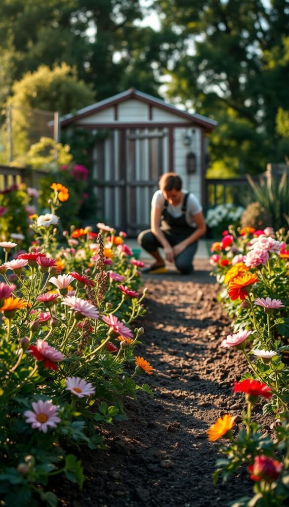 A lush cottage garden in the morning light, the flowers gently swaying in a soft breeze. In the foreground, a gardener kneels amid vibrant blooms, deadheading spent blossoms with delicate care. The middle ground reveals neatly arranged garden beds, their soil enriched with a light dusting of organic fertilizer. In the background, a quaint wooden shed stands, its weathered walls framing a picturesque rural scene. The image conveys a sense of peaceful productivity, the gardener's hands tending to the seasonal needs of this enchanting floral oasis.