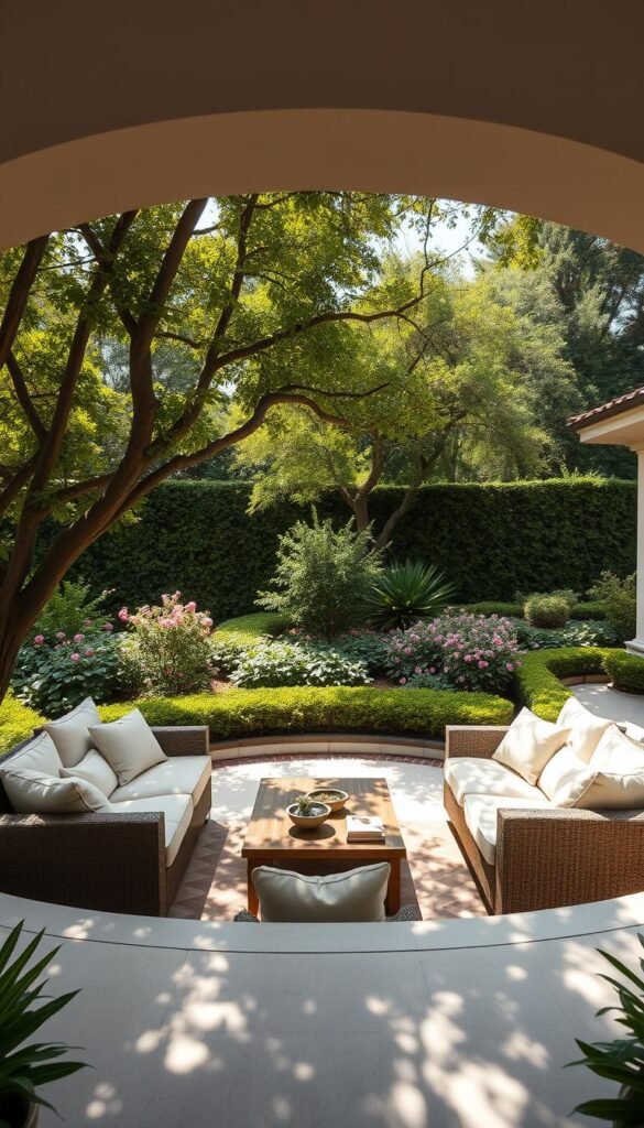 A lush, curved patio design with inviting seating areas nestled amidst a well-manicured garden. The foreground features a semi-circular arrangement of comfortable outdoor furniture - plush sofas and armchairs surrounding a low, wooden coffee table. Dappled sunlight filters through the canopy of mature trees in the middle ground, casting a warm, natural glow. In the background, a carefully curated mix of blooming flowers and verdant shrubs create a sense of lush seclusion, evoking the feeling of a private, peaceful retreat. The scene is captured with a wide-angle lens, emphasizing the depth and scale of the outdoor living space. An overall atmosphere of relaxation and harmony pervades the image.