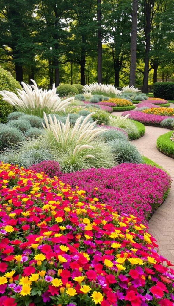 A lush, curving garden layout showcasing a layered design. In the foreground, an intricate pattern of vibrant perennials, their petals cascading like a colorful waterfall. The middle ground features soft, billowing grasses and textured shrubs, creating depth and movement. Toward the background, a row of towering trees casts a gentle, dappled light across the scene, evoking a sense of tranquility. The layout follows natural contours, with curving paths inviting exploration. The overall composition radiates a harmonious, cottage-style charm, perfect for a flourishing garden border.