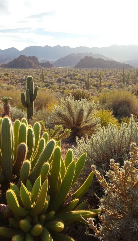 A lush desert oasis filled with thriving shrubs and succulents. In the foreground, vibrant green barrel cacti and fleshy agave plants sway gently in the warm breeze. The middle ground showcases the delicate flowers of spiny yucca and the silvery foliage of sage-colored desert lavender. Beyond, a rolling landscape of sculptural ocotillo and prickly pear cacti stretch towards the horizon, silhouetted against a backdrop of rugged, sun-drenched mountains. Soft, golden light filters through wispy clouds, casting dramatic shadows and highlights that accentuate the unique textures and forms of the desert flora. The overall scene exudes a sense of tranquility and resilience, perfectly capturing the beauty and adaptability of this arid, yet thriving ecosystem.