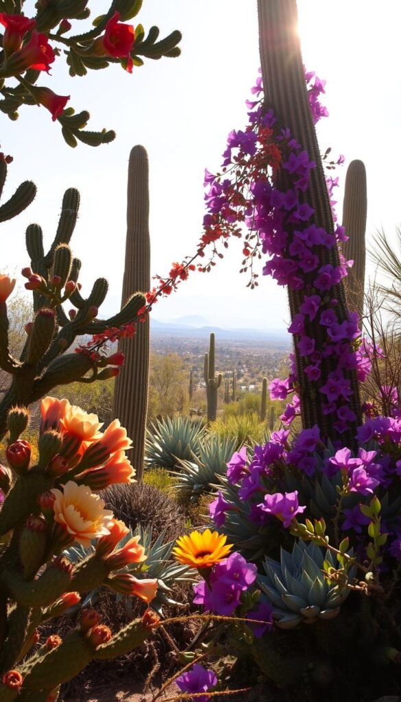 A lush desert oasis, sunlight filtering through sprawling cacti and towering agave plants. In the foreground, vibrant blooms of prickly pear, their vibrant petals contrasting against the rugged, textured leaves. Trailing vines of purple bougainvillea cascade down, their delicate flowers softening the scene. In the middle ground, a collection of drought-tolerant succulents - echeveria, sedum, and jade - create a layered tapestry of shapes and hues. The background features a sweeping vista of distant mountains, their silhouettes blending into a hazy horizon under a brilliant desert sky. Warm, muted tones evoke the arid climate, while carefully composed elements suggest the careful, intentional design of this resilient, awe-inspiring garden.