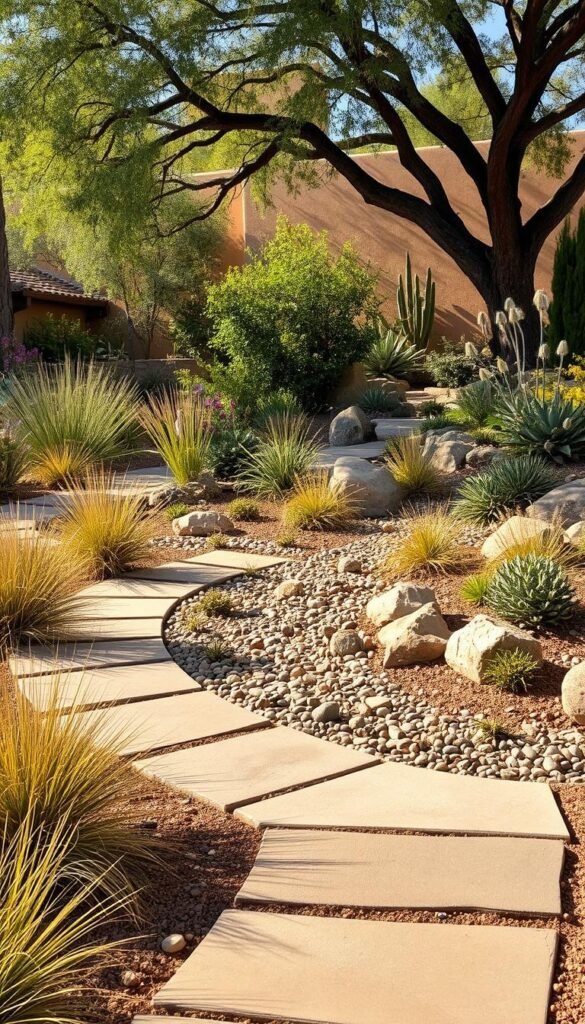 A lush, drought-tolerant xeriscape garden with a well-designed hardscape layout. In the foreground, a sleek, modern stone pathway meanders through a tapestry of native grasses, succulents, and low-water perennials. The middle ground features a serene, pebble-filled dry creek bed flanked by boulders and sculptural desert-adapted plants. In the background, a stucco wall or fence accentuates the Southwestern architectural style, partially obscured by the canopy of a mature, water-wise tree. Warm, natural lighting casts dramatic shadows, highlighting the textures and colors of the drought-resistant landscape. The overall composition conveys a sense of harmony, functionality, and water-wise beauty.