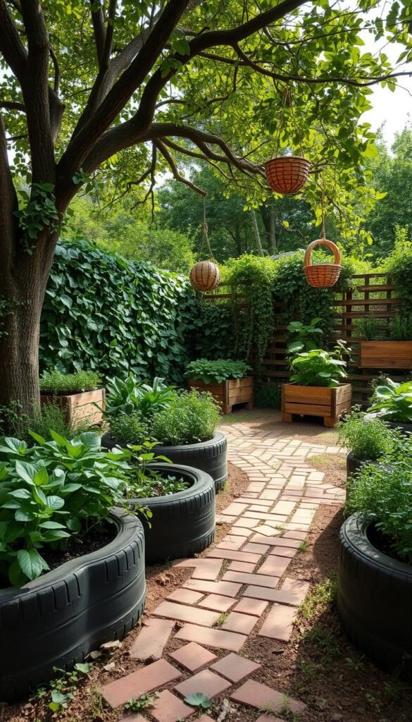 A lush, eco-friendly garden oasis with thoughtfully integrated recycled materials. In the foreground, a vibrant vegetable patch with planters fashioned from repurposed tires. In the middle ground, a winding pathway made of reclaimed bricks, bordered by thriving herb beds in upcycled wooden crates. In the background, a verdant living wall constructed from salvaged pallets, cascading with trailing vines. Dappled sunlight filters through the canopy of a majestic tree, its branches intertwined with decorative hanging baskets woven from recycled wire. The overall scene radiates a sense of harmony, where sustainable design and natural elements coexist in perfect balance.