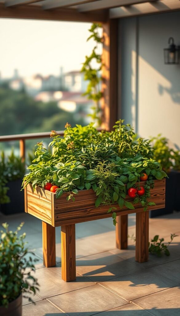 A lush, elevated planter filled with thriving herbs and vegetables, bathed in warm, soft lighting that accentuates their vibrant colors and textures. The planter's sturdy, wooden construction stands atop a well-maintained, neatly paved patio, surrounded by verdant foliage and subtle architectural elements that create a sense of tranquility and inspiration. In the foreground, the planter's contents are clearly visible, showcasing the diverse array of culinary herbs, such as basil, thyme, and rosemary, along with compact vegetable varieties like cherry tomatoes and dwarf peppers. The middle ground features the planter's elegant design, with clean lines and a natural finish that seamlessly blends into the outdoor setting. In the background, a serene, out-of-focus cityscape or lush garden landscape sets the stage for this oasis of urban gardening.