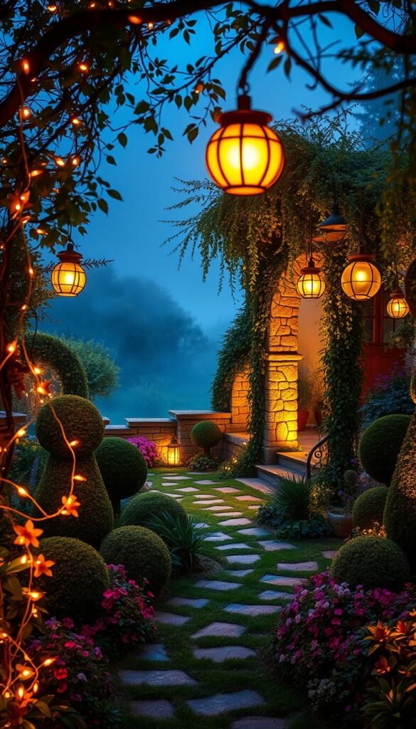 A lush, enchanted garden at twilight, bathed in a warm, ethereal glow. In the foreground, delicate fairy lights entwine around whimsical topiaries and vibrant, otherworldly flora. Soft, flickering lanterns hover above a meandering garden path, leading the eye deeper into the scene. The middle ground features a romantic, stone-walled alcove, its arches draped with cascading vines and illuminated by a cluster of glowing orbs. In the distance, the background is shrouded in a misty, dreamlike haze, hinting at the secrets and mysteries that lie beyond. The overall atmosphere is one of enchantment, magic, and tranquility, inviting the viewer to step into this enchanted oasis.