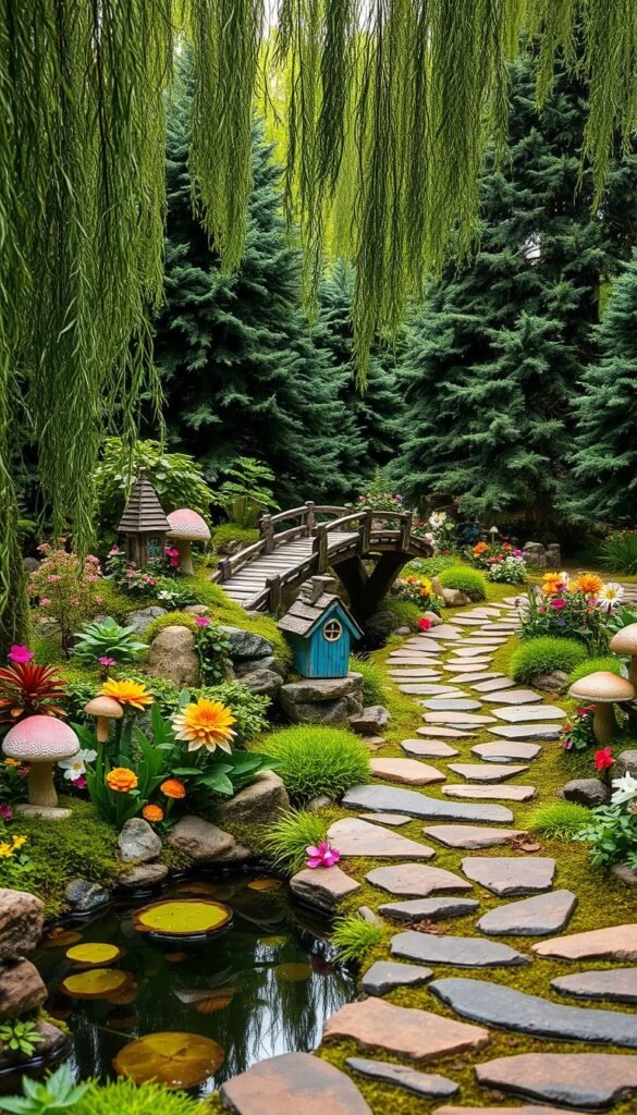 A lush, enchanting fairy garden layout with a winding stone path leading through vibrant flowers, whimsical mushrooms, and delicate fae dwellings. In the foreground, a tranquil pond reflects the verdant canopy of willow trees above. In the middle ground, a rustic wooden bridge arches over a babbling brook, inviting visitors deeper into the magical landscape. The background features a backdrop of towering evergreens, their branches dappled with sunlight filtering through. An atmospheric, dreamlike quality pervades the scene, evoking a sense of timeless wonder and the feeling of stepping into a fairy-tale world.