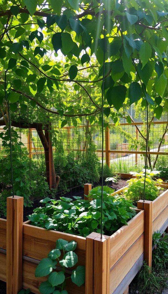 A lush, fenced raised garden bed with sturdy wooden frames, adorned with a variety of thriving vegetables and herbs. The bed is surrounded by a well-crafted fence, with intricately woven wire mesh providing a protective barrier against wildlife. Dappled sunlight filters through the canopy of verdant foliage, casting a warm, natural glow across the scene. The bed's corners are reinforced with sturdy posts, ensuring the structure's stability and longevity. The overall composition conveys a sense of order, productivity, and a harmonious integration of the garden within its natural surroundings.