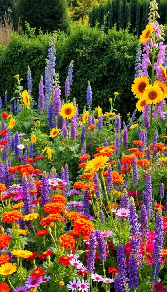 A lush, flourishing cottage garden overflowing with a vibrant mix of annuals and perennials. In the foreground, a riot of color - cheerful marigolds, delicate cosmos, and fragrant lavender. Towering sunflowers and delphiniums create a striking middle ground, their stalks swaying gently in the warm summer breeze. In the background, a tapestry of evergreen shrubs and trailing vines, providing a verdant backdrop. Soft, diffused natural light filters through the scene, casting a golden glow and casting long shadows that add depth and dimension. The overall atmosphere is one of tranquility and abundance, inviting the viewer to step into this oasis of seasonal beauty.