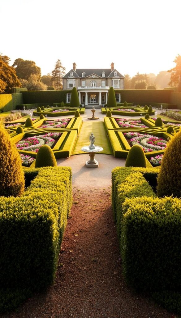A lush, formal garden with a balanced, symmetrical design. In the foreground, a meticulously pruned hedgerow frames a central path leading to a focal point, such as a fountain or ornamental urn. The middle ground features perfectly manicured flowerbeds in a symmetrical layout, with a mix of colorful blooms and neatly trimmed shrubs. The background showcases a stately manor house or ornamental garden structure, bathed in warm, golden afternoon light. The overall scene conveys a sense of order, harmony, and timeless elegance, inspiring ideas for creating a visually striking, formal garden design.