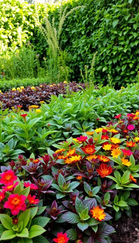 A lush garden bed with carefully arranged rows of diverse plants in vibrant hues. In the foreground, leafy greens and vibrant flowers bloom, their colors complementing each other. The middle ground features a mix of tall and short plants, their foliage creating a layered, dynamic composition. In the background, a backdrop of verdant foliage sets the scene, suggesting a well-planned, intentional layout. The lighting is soft and diffused, casting a warm, natural glow over the scene. The overall impression is one of harmony, balance, and the thoughtful implementation of strategic plant rotation for year-round visual interest.
