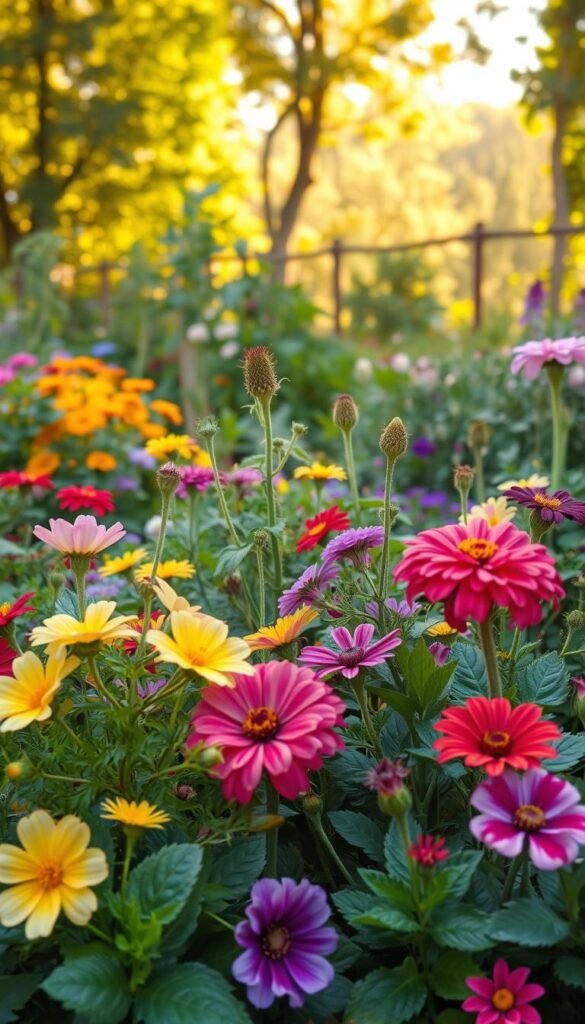 A lush garden bursting with vibrant flowers and thriving vegetables, showcasing the intricate synergies between them. In the foreground, a variety of blooming plants, their petals unfurling in a tapestry of colors, intertwined with leafy greens and vegetables. Midground, an array of herbs and companion plants strategically placed to deter pests and promote healthy growth. The background features a warm, golden-hued natural setting, with dappled sunlight filtering through the canopy, creating a serene and inviting atmosphere. Subtle details highlight the interconnectedness of the garden ecosystem, where each element plays a crucial role in maintaining balance and nurturing life.