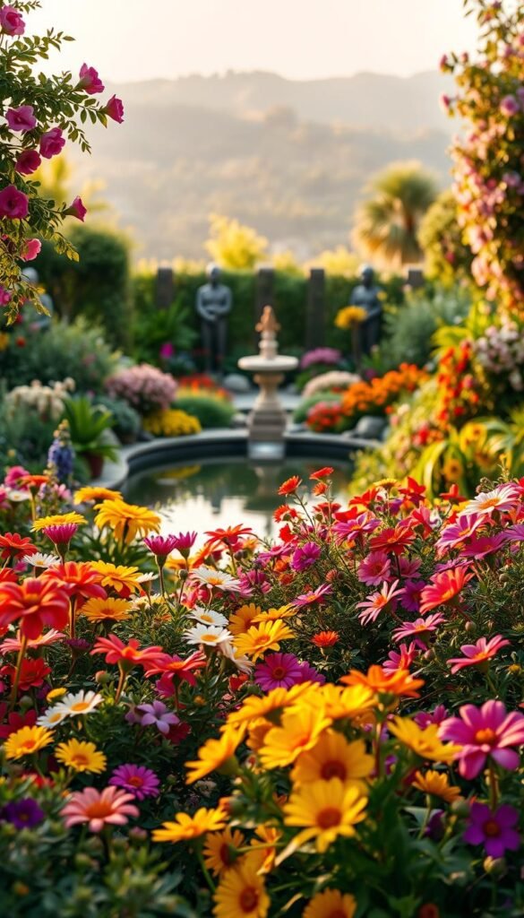 A lush garden filled with vibrant blooms and harmonious color schemes. The foreground showcases a variety of flowers in complementary hues, artfully arranged to create a visually striking display. In the middle ground, a serene water feature reflects the garden's tranquil ambiance, surrounded by verdant foliage and carefully curated plant life. The background frames the scene with a softly blurred landscape, emphasizing the garden's sense of depth and inviting the viewer to immerse themselves in this oasis of color and nature. The lighting is warm and natural, casting a golden glow that enhances the overall mood. Captured with a wide-angle lens, the image offers a comprehensive view of the garden's diverse and balanced color schemes.
