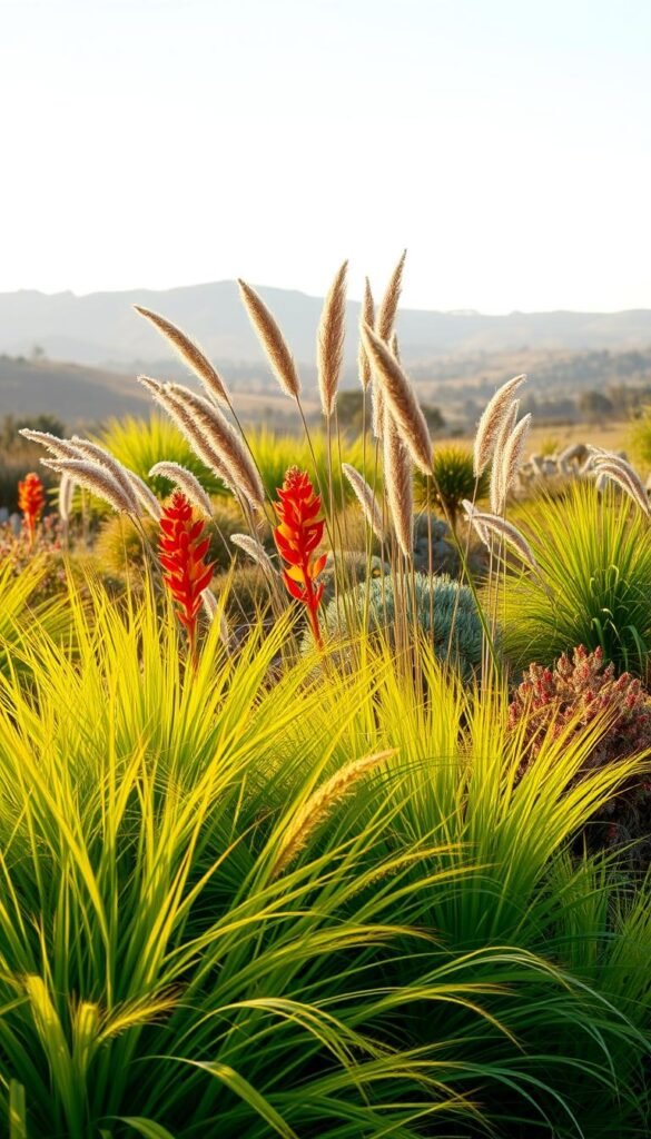 A lush garden of ornamental grasses and kangaroo paws in a warm, golden light. In the foreground, vibrant green tufts of miscanthus and pennisetum grasses sway gently. Amid them, the distinctive red and yellow flowers of kangaroo paws (Anigozanthos) reach upwards. The middle ground features a mix of other native Australian plants, their textures and colors creating a harmonious tapestry. In the background, a soft, hazy landscape with rolling hills and a clear, cloudless sky sets the scene for this quintessential Australian garden vignette. Captured with a wide-angle lens to showcase the depth and abundance of this naturalistic composition.
