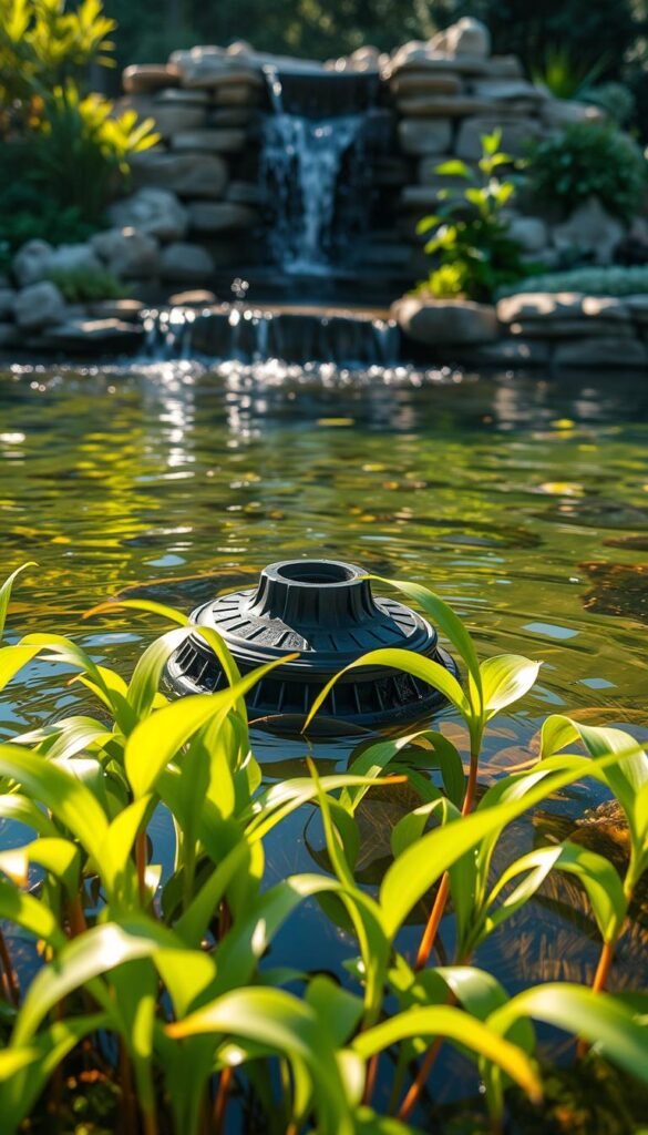 A lush garden pond, its surface gently rippling in the warm afternoon sunlight. In the foreground, a series of underwater plants, their verdant leaves swaying in the current, filtering the water and providing a thriving habitat for aquatic life. Mid-frame, a professional-grade pond skimmer and aerator work in harmony, maintaining optimal oxygen levels and removing debris for crystal-clear, vibrant water. In the background, a stone waterfall cascades into the pond, its soothing sounds complementing the serene atmosphere. The overall scene conveys a well-balanced, healthy ecosystem where nature and technology coexist in perfect harmony.