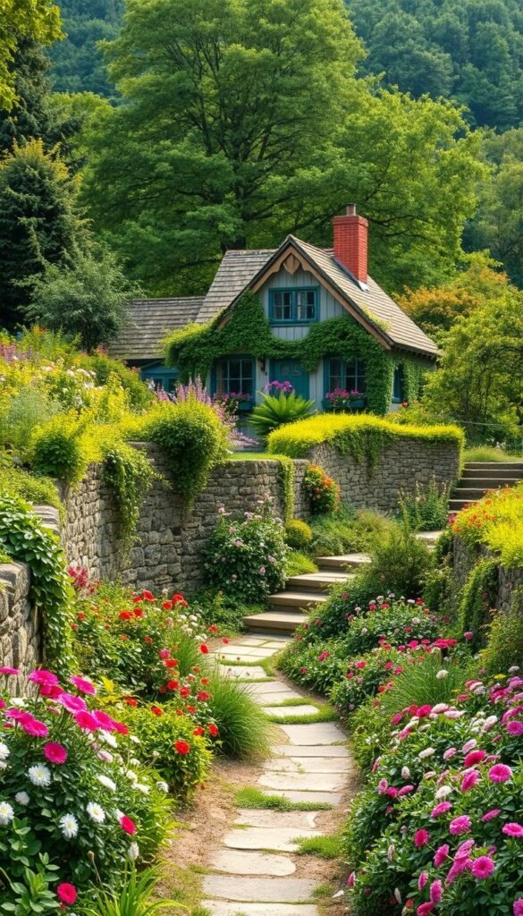 A lush, gently sloping cottage garden, bursting with vibrant blooms and cascading greenery. In the foreground, a charming pathway winds through a tapestry of perennials, their petals dancing in the soft, dappled sunlight. Framing the scene, a rustic stone retaining wall helps to define the terraced levels, blending seamlessly with the natural contours of the landscape. Trailing vines and flowering shrubs spill over the edges, creating a sense of abundance and whimsy. In the middle ground, a quaint, pitched-roof cottage nestles among the verdant foliage, its weathered wooden siding and cheerful window boxes adding to the idyllic, timeless atmosphere. The background gently fades into a lush, verdant backdrop of mature trees, their branches swaying gently in the breeze. The overall impression is one of harmony, where the cottage garden aesthetic is effortlessly embraced and celebrated on the sloping terrain.