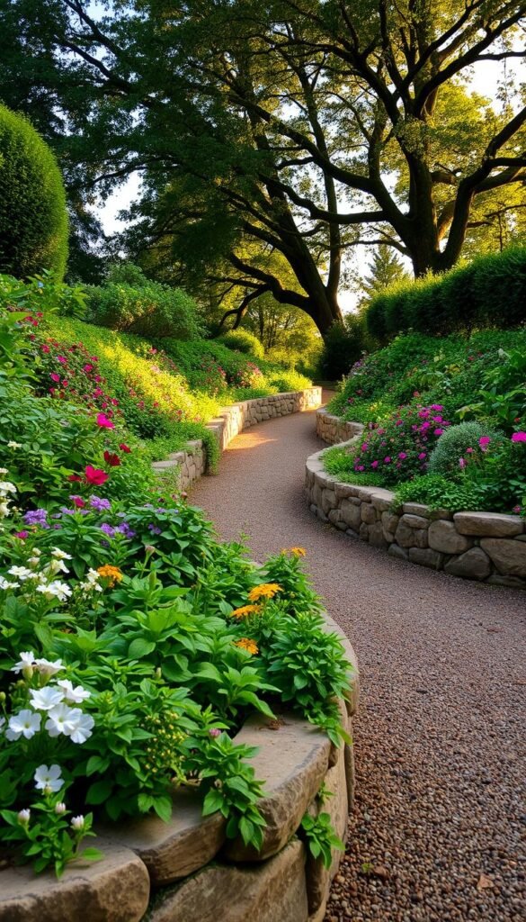 A lush, gently sloping garden border comes into view, the earthy tones of the terraced beds complementing the verdant foliage. In the foreground, a diverse array of cottage garden plants - from vibrant blooms to cascading greenery - spill over the raised stone walls, creating a natural, textured edge. The middle ground reveals a neatly designed path winding through the tiered planting, its gravel surface dappled with warm, golden light. In the background, a mature tree canopy filters the sky, casting a soft, dappled glow over the entire scene. The overall atmosphere is one of harmony and tranquility, inviting the viewer to imagine themselves strolling through this carefully planned, sloped garden border.