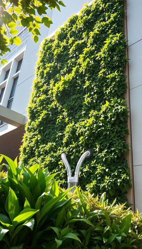 A lush green wall installation, its verdant foliage cascading gracefully down a sleek, modern building facade. Sunlight filters through the leaves, casting gentle shadows and highlighting the texture of the plants. In the foreground, a harmonious arrangement of various shades of green, from vibrant emerald to soft sage, creating a sense of depth and visual interest. The middle ground features a well-designed irrigation system, seamlessly integrated into the design. In the background, the building's architecture provides a complementary neutral backdrop, allowing the living wall to take center stage. The overall atmosphere conveys a serene, rejuvenating ambiance, inviting exploration and connection with nature in an urban setting.