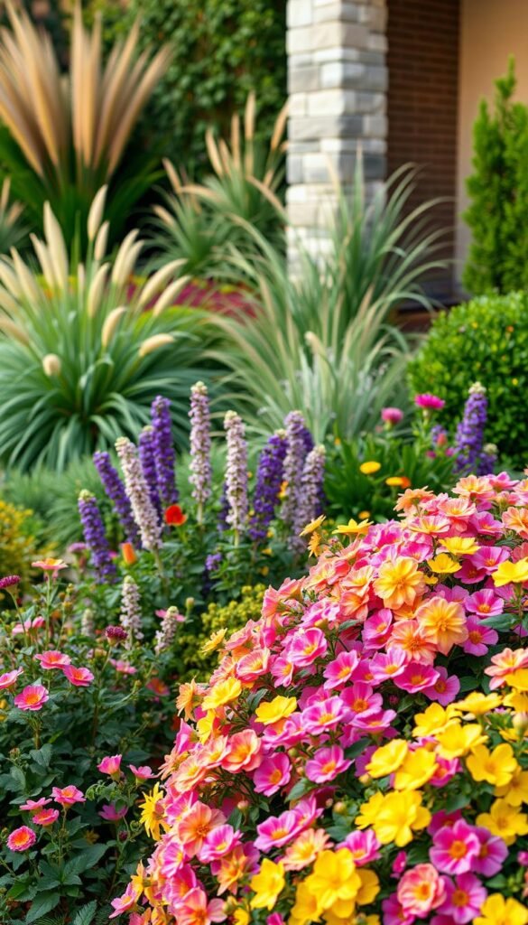 A lush, harmonious garden design with a vibrant color palette. In the foreground, a variety of flowering plants in complementary shades of pink, purple, and yellow create a cascading floral display. The middle ground features ornamental grasses and shrubs in shades of green, adding texture and depth. In the background, a stone wall or trellis serves as a neutral backdrop, allowing the colors to pop. Soft, diffused lighting illuminates the scene, casting a warm, inviting glow. The overall composition emphasizes balance, symmetry, and a cohesive visual harmony that seamlessly integrates with the architectural style of the home.