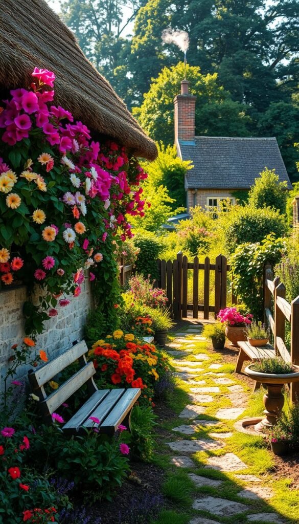 A lush, idyllic cottage garden in soft, golden afternoon light. Vibrant blooms spill over weathered stone walls, their colors echoing the thatched roof and rustic wooden fence. A winding path leads the eye through the abundant foliage, past a quaint garden bench and a birdbath surrounded by fragrant herbs. In the distance, a glimpse of a charming country cottage with a wisp of smoke curling from the chimney. An atmosphere of timeless tranquility and simple pleasures, capturing the essence of the enduring cottage garden tradition.