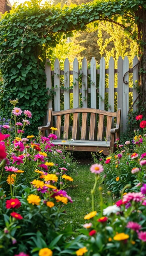A lush, inviting cottage garden in soft morning light, a charming wooden bench nestled amidst vibrant blooms and verdant foliage. The foreground showcases a variety of perennial flowers, their petals gently swaying in a light breeze. In the middle ground, the rustic bench invites visitors to pause and soak in the serene atmosphere, surrounded by a tapestry of colors and textures. The background features a picket fence entwined with climbing vines, framing the peaceful scene. The lighting is warm and diffused, creating a cozy, welcoming ambiance. The overall composition draws the eye towards the inviting seating area, encouraging a moment of quiet contemplation within this enchanting cottage garden oasis.