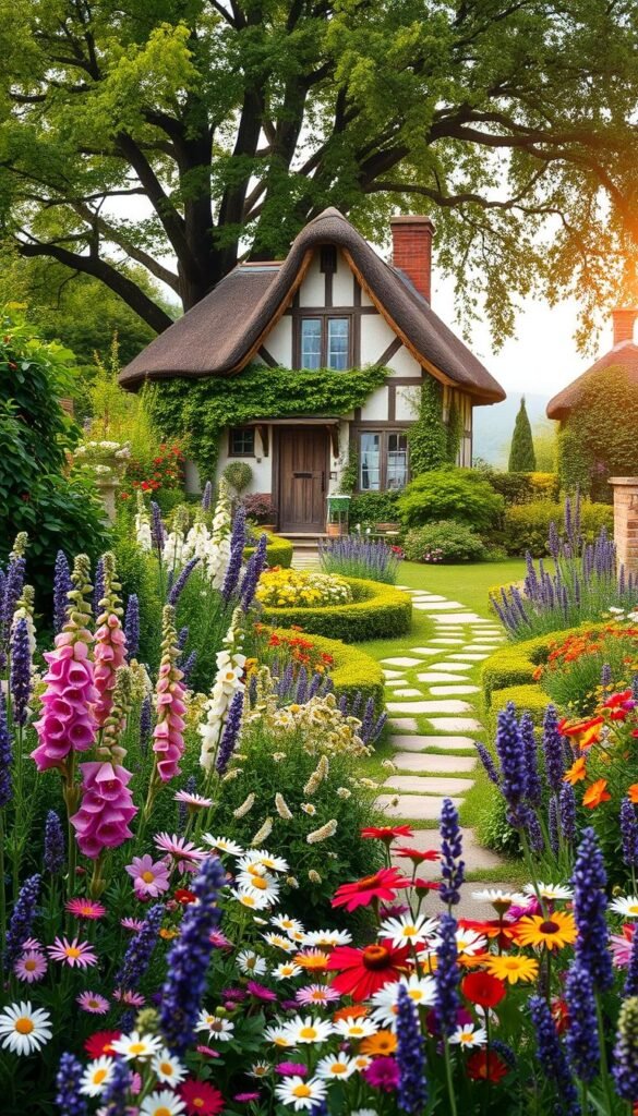 A lush, inviting cottage garden overflowing with a vibrant array of blooms. In the foreground, a colorful tapestry of perennials and annuals - delicate foxgloves, cheerful daisies, and fragrant lavender swaying gently in the breeze. The middle ground features a charming stone path winding through the garden, flanked by neatly trimmed hedges and cascading vines. Towering in the background, a quaint thatched-roof cottage with weathered wooden accents, surrounded by a canopy of verdant foliage. Soft, diffused sunlight filters through the trees, casting a warm, romantic glow over the entire scene. The overall atmosphere is one of tranquility, natural beauty, and the quintessential cottage garden aesthetic.