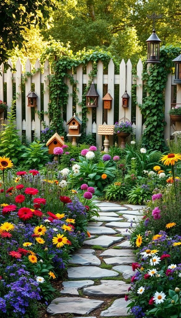 A lush, inviting cottage garden with a charming, welcoming atmosphere. In the foreground, an array of colorful perennials and annuals spill over a winding stone path, creating a vibrant, textured tapestry. Mid-ground features ornamental birdhouses, garden sculptures, and whimsical wind chimes that add visual interest and functionality. The background showcases a picket fence draped in trailing vines, framing the scene and providing a sense of privacy. Soft, diffused natural lighting filters through the scene, casting a warm, golden glow and enhancing the tranquil, pastoral mood. The composition is balanced, with a harmonious blend of colors, textures, and elements that invite the viewer to step into this enchanting cottage garden oasis. A lush, inviting cottage garden with a charming, welcoming atmosphere. In the foreground, an array of colorful perennials and annuals spill over a winding stone path, creating a vibrant, textured tapestry. Mid-ground features ornamental birdhouses, garden sculptures, and whimsical wind chimes that add visual interest and functionality. The background showcases a picket fence draped in trailing vines, framing the scene and providing a sense of privacy. Soft, diffused natural lighting filters through the scene, casting a warm, golden glow and enhancing the tranquil, pastoral mood. The composition is balanced, with a harmonious blend of colors, textures, and elements that invite the viewer to step into this enchanting cottage garden oasis.