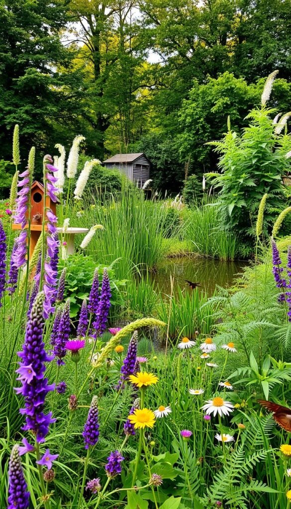 A lush, inviting garden teeming with beneficial wildlife. In the foreground, a vibrant mix of wildflowers - foxgloves, lavender, and butterfly bushes - swaying gently in a soft breeze. A birdhouse and birdbath nestled amongst the blooms, attracting a variety of songbirds. In the middle ground, a small pond surrounded by tall grasses and ferns, where dragonflies and frogs dart about. The background features a verdant canopy of trees, dappled sunlight filtering through the leaves. The overall scene exudes a sense of natural harmony, inviting pollinators and other wildlife to thrive in this serene, idyllic setting.