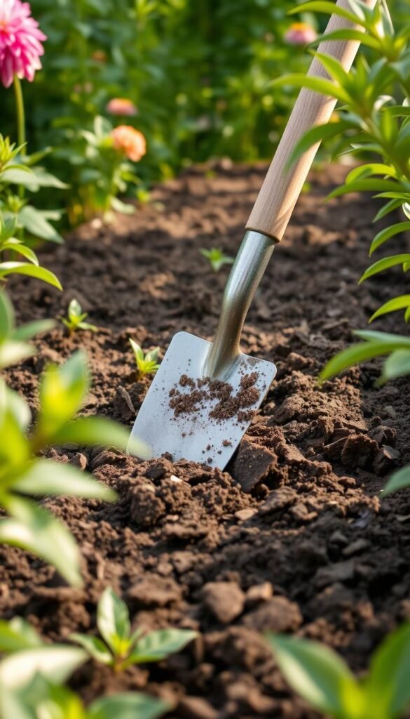 A lush, inviting garden with freshly tilled dahlia beds, soil rich in organic matter, a gardener's spade piercing the earth, soft natural lighting highlighting the texture of the soil, a sense of anticipation and readiness for planting, the vibrant greens of surrounding foliage framing the scene, a serene and nurturing atmosphere conducive to the healthy growth of dahlia flowers.