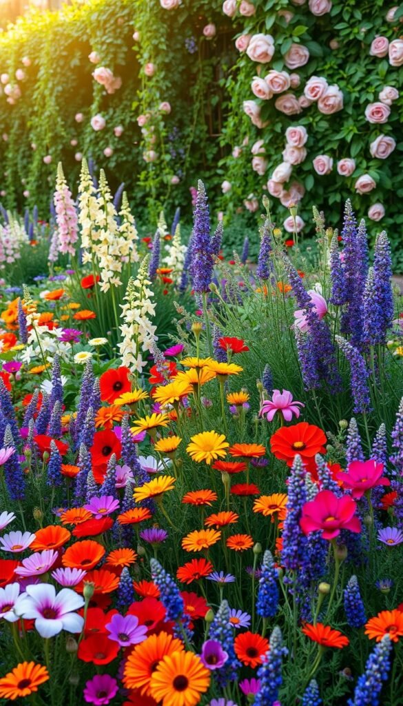 A lush, layered cottage garden bed bursting with vibrant annuals and perennials. In the foreground, a tapestry of colorful blooms including delicate poppies, cheerful marigolds, and fragrant lavender. The middle ground features a mix of tall, stately delphiniums and bushy, spilling peonies. In the background, a verdant backdrop of cascading vines and climbing roses frames the scene. Warm, golden sunlight filters through the foliage, casting a soft, romantic glow. The composition is balanced and visually appealing, with a sense of depth and movement. The overall effect is a charming, inviting oasis, capturing the essence of a quintessential cottage garden.