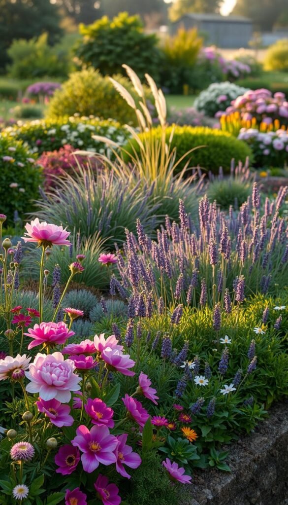 A lush, layered cottage garden border with a harmonious blend of flowers, shrubs, and grasses. In the foreground, vibrant blooms of peonies, delphiniums, and lavender create a captivating color palette. The middle ground features a mix of ornamental grasses and low-growing shrubs, such as Russian sage and dwarf hydrangeas, adding texture and depth. In the background, a hazy mix of taller shrubs, like rhododendrons and viburnums, create a sense of enclosure and intimacy. The scene is illuminated by warm, golden-hour lighting, casting soft shadows and highlighting the intricate details of the plants. The overall composition conveys a sense of natural, effortless beauty, inviting the viewer to step into this enchanting cottage garden.