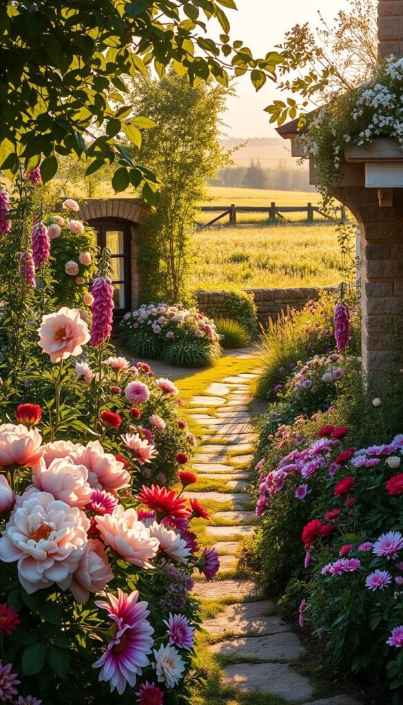 A lush, layered cottage garden display bathed in soft, golden afternoon light. In the foreground, a profusion of blooming perennials - billowing peonies, vibrant dahlias, and delicate foxgloves. Mid-ground, a winding path leads the eye deeper into the scene, flanked by rambling rose vines and cascading clematis. Beyond, a charming stone wall frames a glimpse of a distant field, its wildflowers swaying gently in the breeze. Dappled shadows play across the scene, lending an air of romance and timeless beauty. Capture this idyllic, layered garden display with a medium-wide angle lens, showcasing the depth and textures of this enchanting, flourishing landscape.