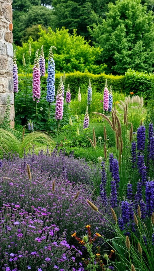 A lush, layered cottage garden texture with an abundance of vibrant, textural plants. In the foreground, a tapestry of dense, bushy perennials - lavender, yarrow, and salvias - interspersed with delicate, swaying grasses. Moving back, a middle ground of towering, architectural foxgloves and hollyhocks, their tall spires adding vertical interest. In the distant background, a verdant canopy of trees and shrubs, creating a sense of enclosure and depth. The lighting is soft and diffused, casting gentle shadows that accentuate the varied foliage forms. An antique, weathered stone wall frames the scene, adding a rustic, timeless quality. The overall mood is one of abundant, natural beauty and tactile, sensory engagement.