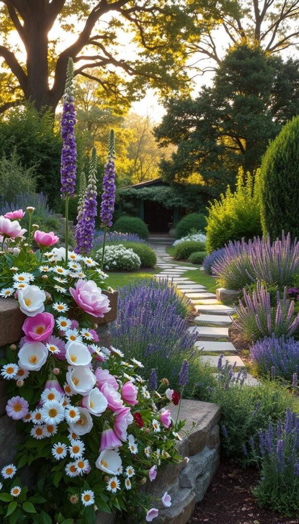 A lush, layered cottage garden with a whimsical, fairy-tale feel. In the foreground, a vibrant mix of flowers cascades over a rustic stone wall, including delicate peonies, cheerful daisies, and fragrant lavender. The middle ground features a winding path flanked by towering foxgloves and low-growing thyme, leading the eye deeper into the scene. In the background, a canopy of mature trees filters the soft, golden light, casting gentle shadows across the verdant landscape. The overall composition evokes a sense of tranquility and enchantment, inviting the viewer to step into this serene, magical backyard oasis.