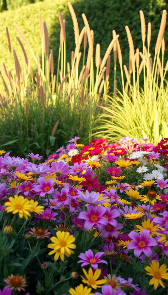 A lush, layered flower bed, bathed in warm, golden afternoon light. In the foreground, a vibrant tapestry of blooming flowers - colorful petals in shades of pink, purple, and yellow, gently swaying in a soft breeze. The middle ground features a mix of tall, graceful stems and foliage, creating depth and dimension. In the background, a verdant backdrop of greenery, framing the scene with a sense of tranquility. The composition is balanced, with a natural, organic flow that invites the viewer to step into this serene garden oasis. Captured with a wide-angle lens to showcase the full splendor of this expertly designed floral arrangement.