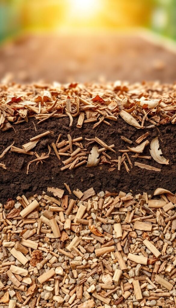 A lush, layered garden bed showcasing a harmonious arrangement of organic materials. In the foreground, a tapestry of rich, dark compost and shredded bark mulch, inviting plant roots to thrive. The middle ground features a mix of nutrient-dense topsoil and decomposed leaves, creating a fertile foundation. Beneath, a base layer of coarse gravel and wood chips provides optimal drainage, visible through a subtle transparent effect. Warm, diffused lighting from above casts a natural, earthy glow, emphasizing the textures and colors of this meticulously crafted soil profile. The overall composition conveys a sense of balance, sustainability, and the promise of bountiful growth.