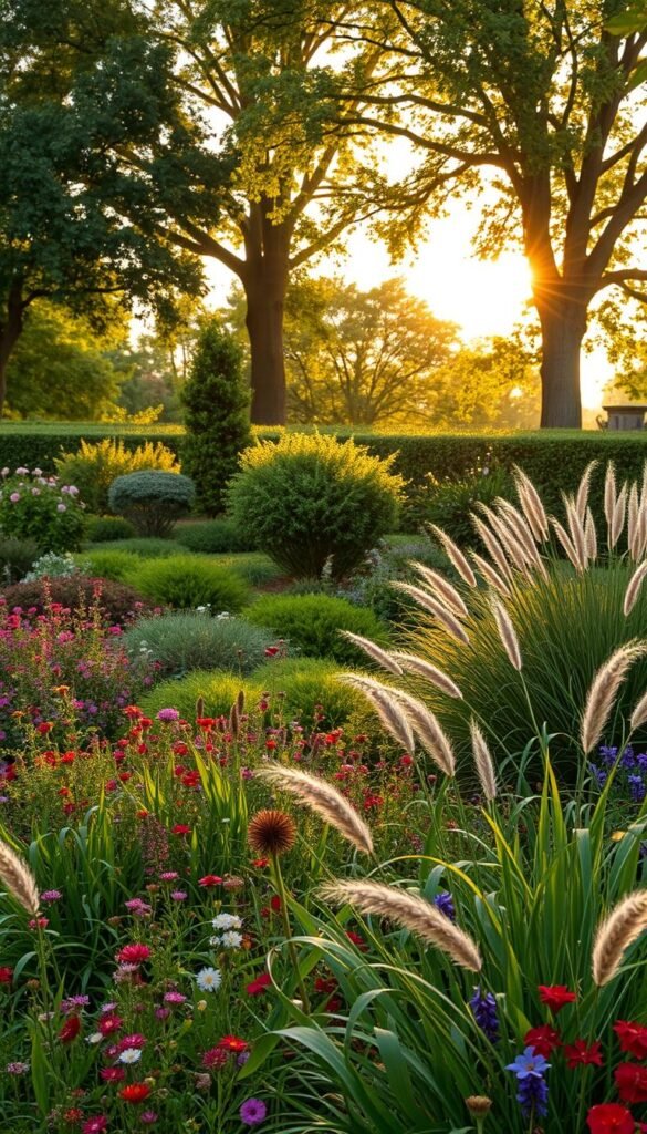 A lush, layered garden scene with varying textures and heights. In the foreground, a profusion of vibrant perennials and flowing ornamental grasses create a sense of wild abundance. The middle ground features carefully placed shrubs and small trees, adding depth and visual interest. In the background, towering deciduous trees filter the warm, golden-hour sunlight, casting dramatic shadows and creating an aura of tranquility. The overall composition exudes a harmonious balance between structured design and natural, free-flowing growth, inviting the viewer to explore the interplay of different elements. Captured with a wide-angle lens to accentuate the layered perspective, this image embodies the essence of "Layering Techniques to Create Depth and Movement" in garden design. A lush, layered garden scene with varying textures and heights. In the foreground, a profusion of vibrant perennials and flowing ornamental grasses create a sense of wild abundance. The middle ground features carefully placed shrubs and small trees, adding depth and visual interest. In the background, towering deciduous trees filter the warm, golden-hour sunlight, casting dramatic shadows and creating an aura of tranquility. The overall composition exudes a harmonious balance between structured design and natural, free-flowing growth, inviting the viewer to explore the interplay of different elements. Captured with a wide-angle lens to accentuate the layered perspective, this image embodies the essence of "Layering Techniques to Create Depth and Movement" in garden design.