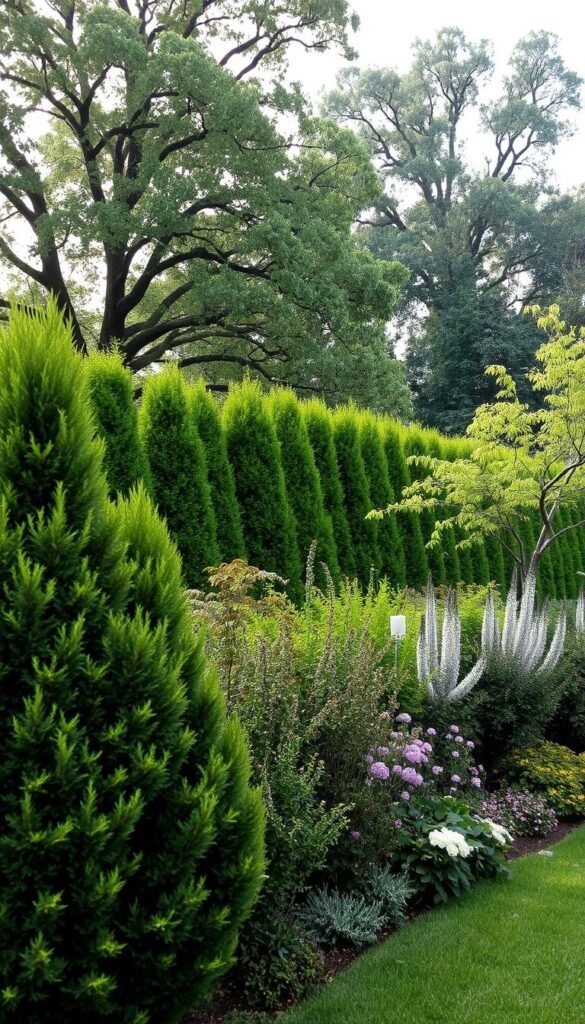 A lush, layered privacy planting in a serene garden setting. In the foreground, a mix of tall evergreen shrubs and flowering perennials create a dense, natural barrier. Midground features a row of graceful Japanese maples and delicate birch trees, their branches swaying gently. The background showcases a dramatic stand of mature oak and cedar trees, casting dappled light and deep shadows. The overall scene has a tranquil, contemplative mood, inviting the viewer to step into a verdant, secluded oasis. Captured with a wide-angle lens to emphasize depth and scale, the image has a soft, diffused lighting that enhances the naturalistic feel.