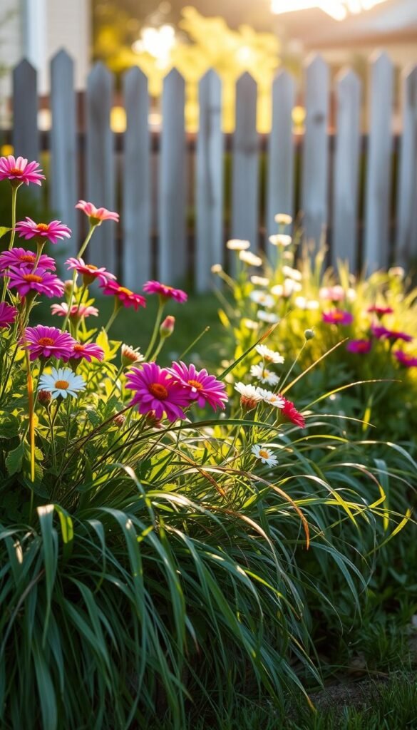 A lush, low-maintenance front yard flower bed, bathed in warm, golden afternoon light. Vibrant blooms of pink and purple zinnias, complemented by delicate white cosmos, sway gently in a soft breeze. In the foreground, a mix of native grasses and trailing vines spill over the edges of the raised garden, creating a naturalistic, effortless aesthetic. The background features a picturesque wooden fence, partially obscured by the verdant foliage, adding depth and dimension to the scene. The overall composition conveys a sense of serene, low-maintenance beauty, perfectly suited for the front yard of a suburban home.